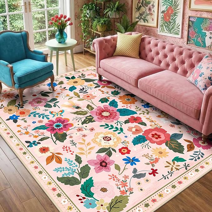 RELEANY Floral Nursery 6x9 Area Rugs Washable Print Boho Cute Carpet Non Slip by RELEANY