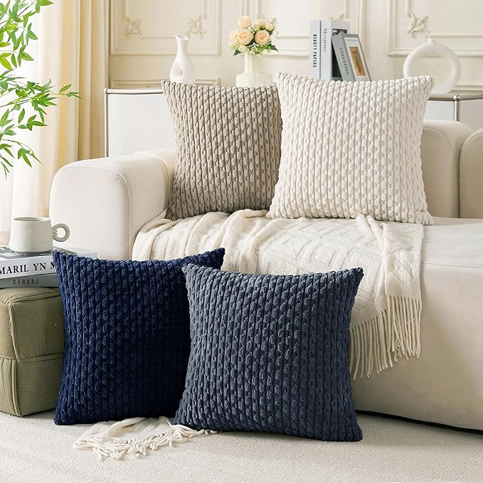 Set of 4 Navy White Taupe Decorative Throw Pillow Covers 20x20 Inch Corduroy by Cozoomy