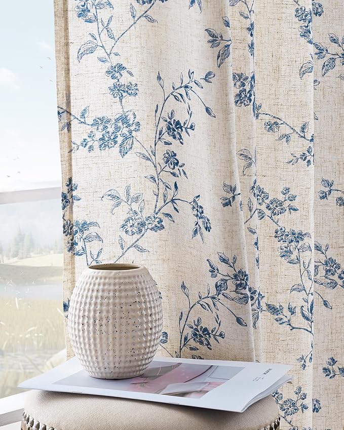 jinchan Linen Floral Curtains for Living Room 84 Inch Length Blue Printed by JINCHAN