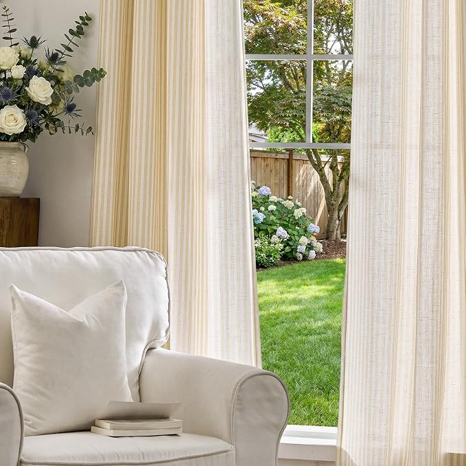 jinchan Linen Curtains for Living Room Yellow Vertical Striped on White - Image 6
