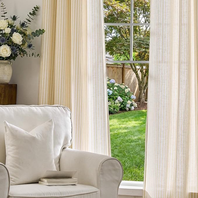 jinchan Linen Curtains for Living Room Yellow Vertical Striped on White - Image 6
