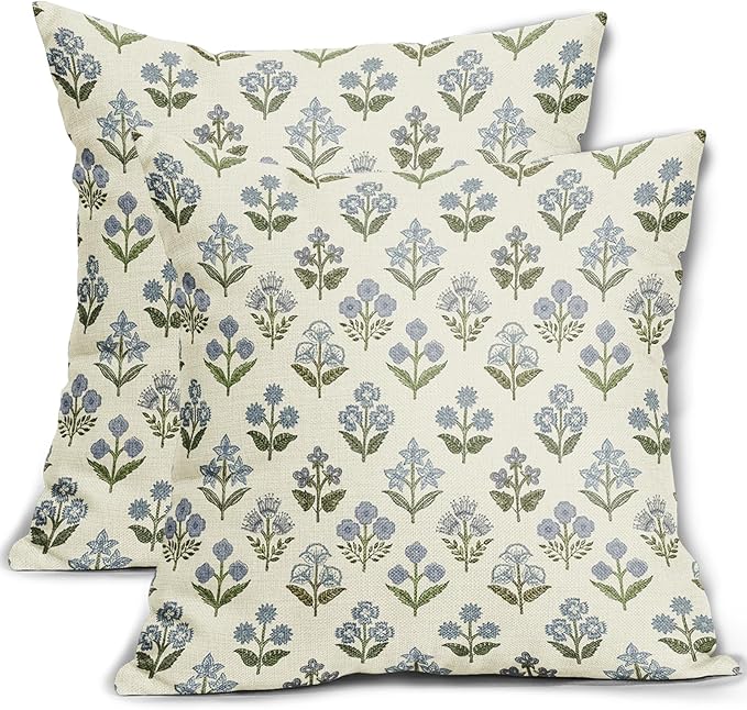 Blue Green Block Print Pillow Covers 20x20 Inch Set of 2, Vintage Floral Spring by Sivirary