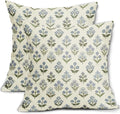 Blue Green Block Print Pillow Covers 16x16 Inch Set of 2, Vintage Floral Spring by Sivirary