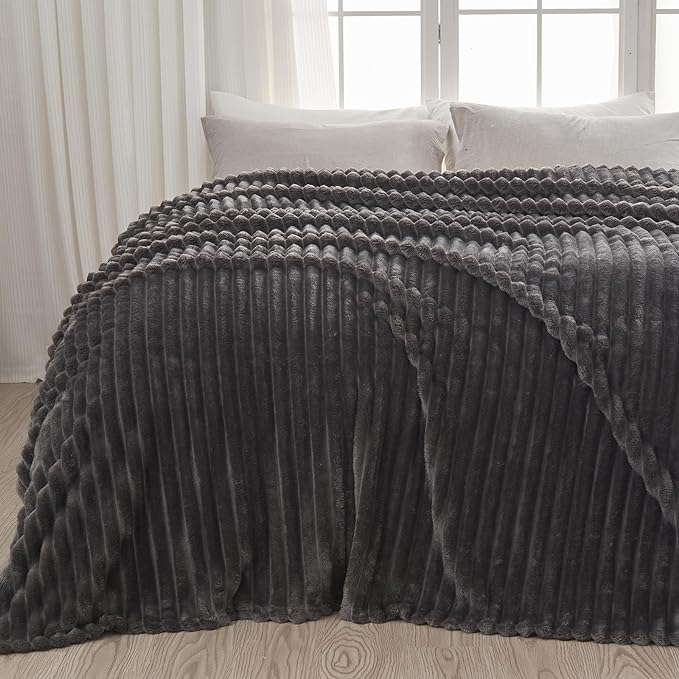 NEWCOSPLAY Super Soft Queen Blanket Grey Premium Silky Flannel Fleece 3D Ribbed by NEWCOSPLAY