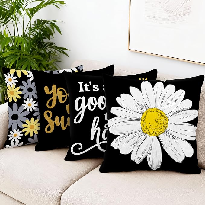 Hexagram Spring Summer Pillow Covers 18x18 Set of 4, Outdoor Floral Daisy - Image 2