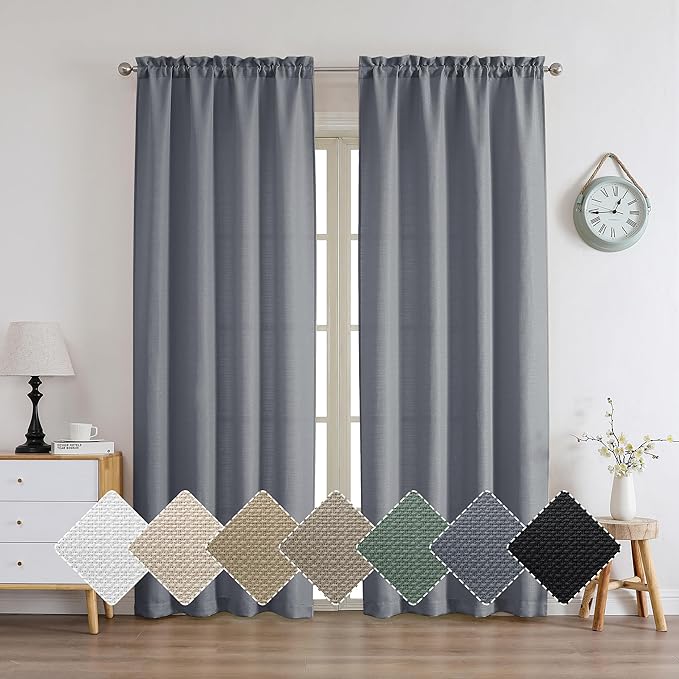Chyhomenyc Dark Grey Curtains 84 Inch Length 2 Panels, Faux Linen Semi Sheer - Image 2