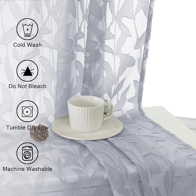 Lecloud Leia Light Grey 2 PCS Sheer Kitchen Curtains 30 Inch Length, Breathable - Image 6