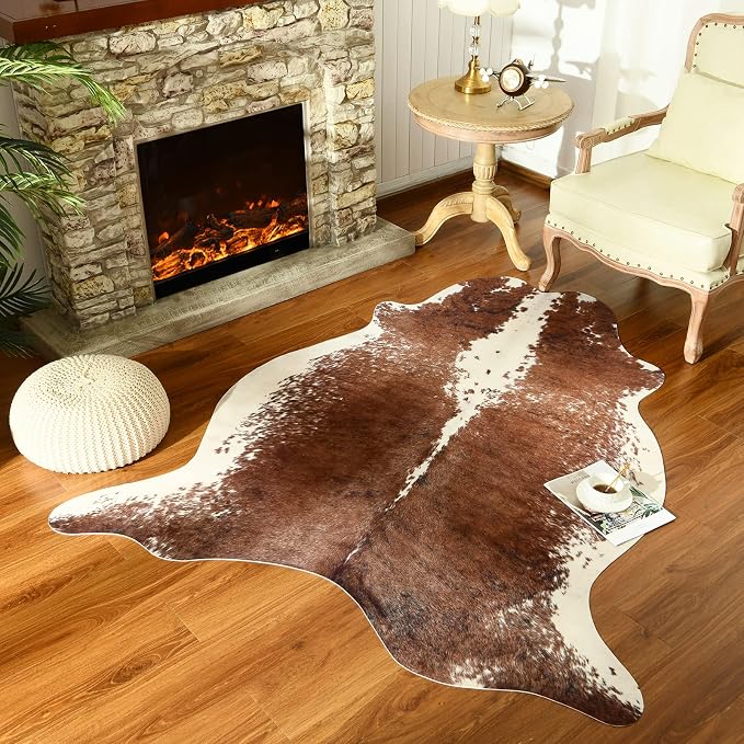 Easycozy Faux Cowhide Rug Large Cow Print 8 x 10 Feet Thickened Elastic Cowhide by HomeWesternDecoration