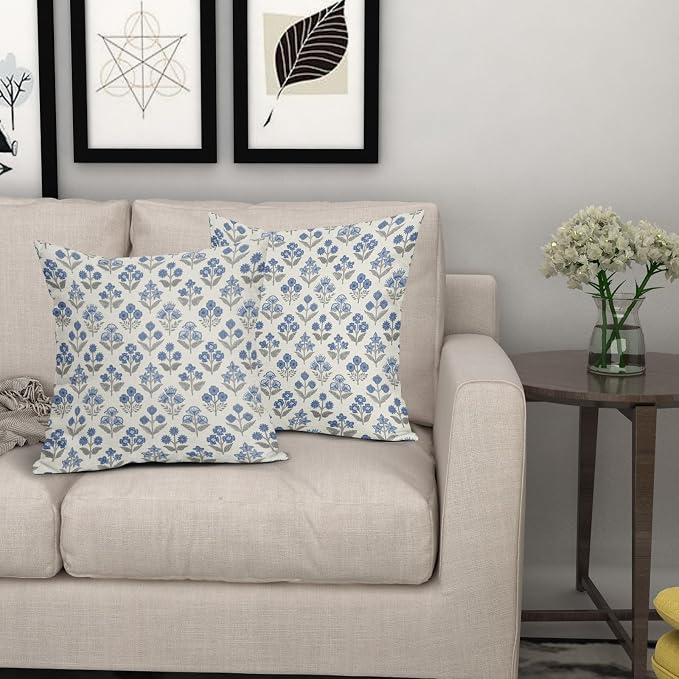 Blue Grey Gray Floral Block Print Pillow Covers 20x20 Inch Set of 2, Vintage - Image 7
