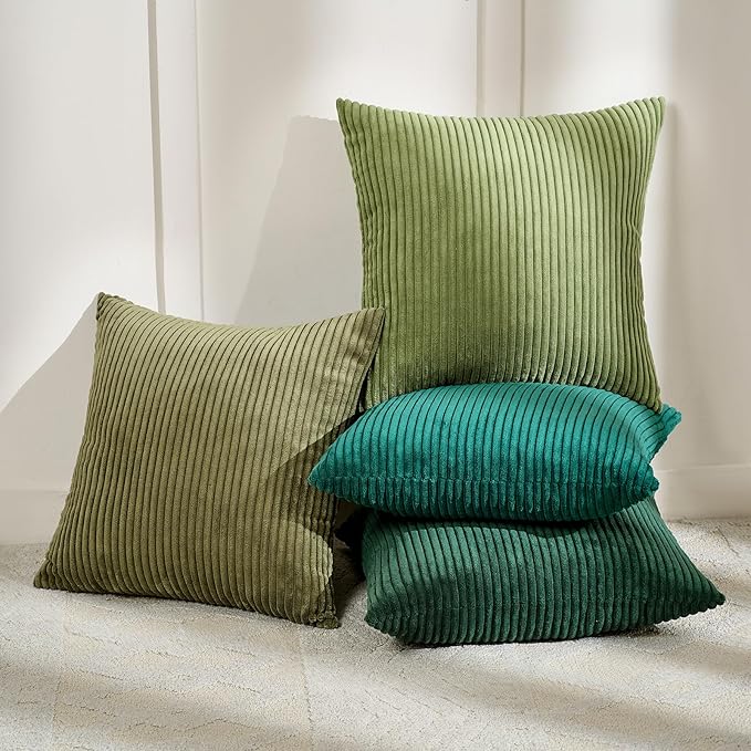 Volcanics Set of 4 Dark Green Corduroy Decorative Couch Throw Pillow Covers by Volcanics