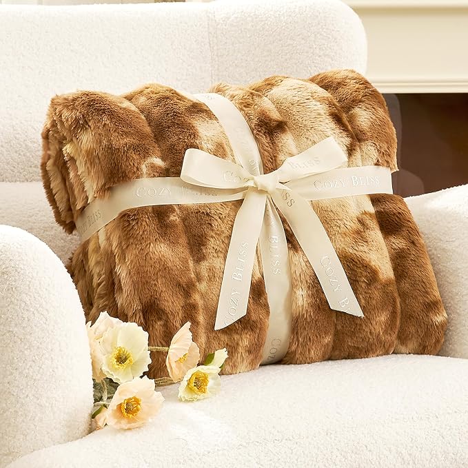 Cozy Bliss Deluxe Striped Rabbit Faux Fur Throw Blanket, Soft Fluffy Warm Plush - Image 4