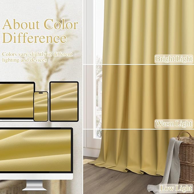 Guken Yellow 100% Blackout Linen Curtains 120 Inch Length 2 Panels Set - Image 7