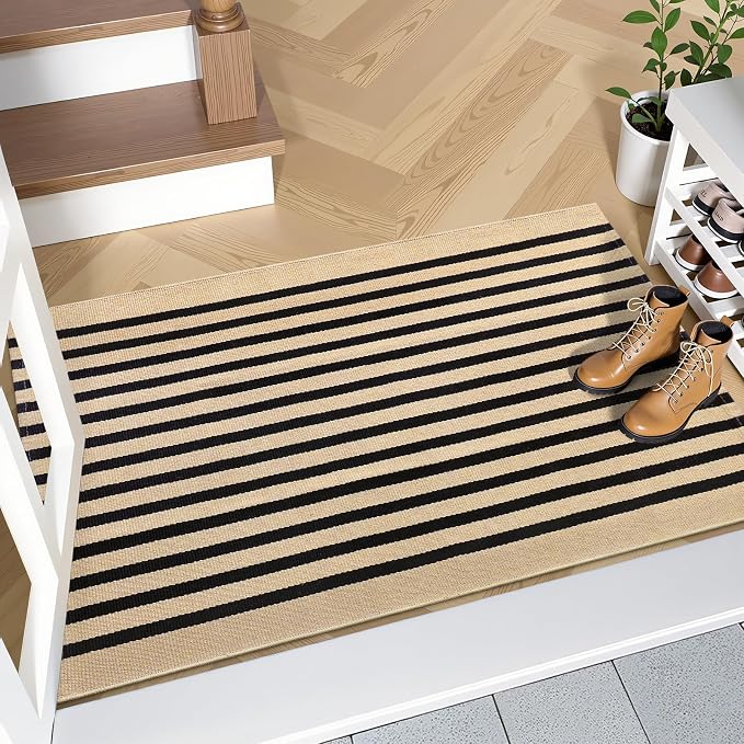 OLANLY Brown and Black Striped Rug 2' x 3' – Washable Cotton Doormat - Image 8