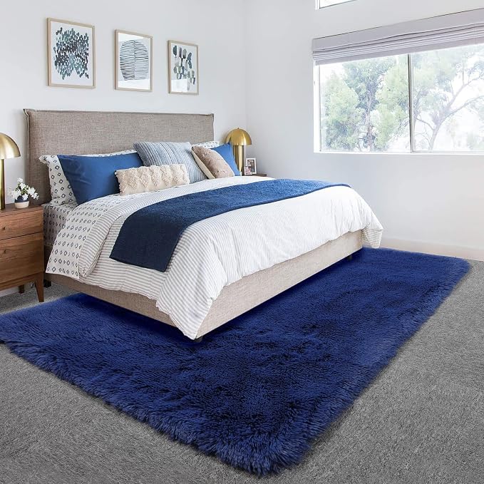 Amdrebio Navy Blue Area Rugs for Boys Bedroom, 5x7 Shag Fluffy Furry Plush Rug - Image 3