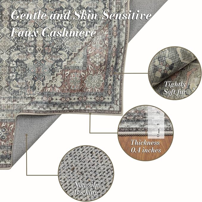 Area Rug 5×7, Large Vintage Boho Rug, Ultra-Soft Low Pile, Non Slip, Stain - Image 3