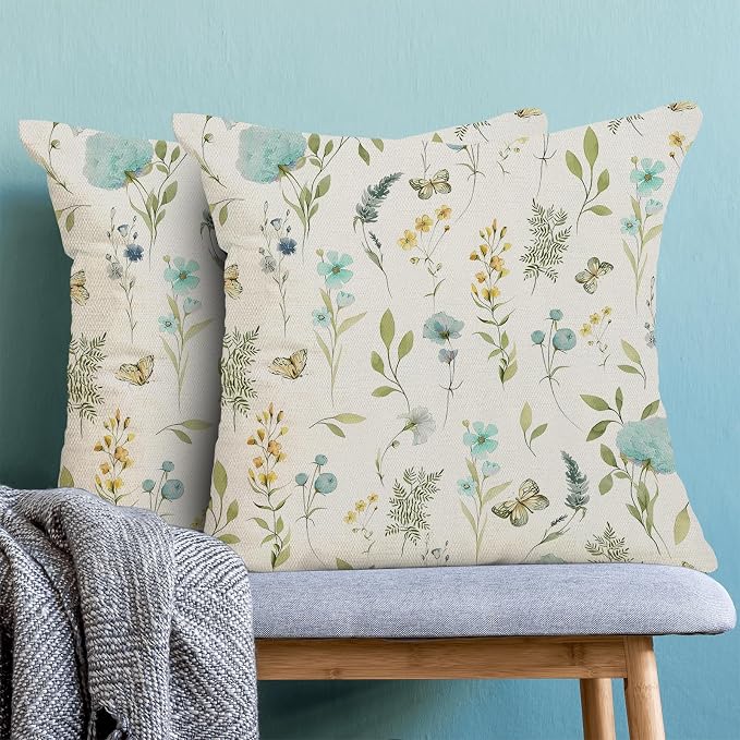 Spring Pillow Covers 20x20 Inch Set of 2, Aqua Teal Sage Green Wild Flower - Image 2