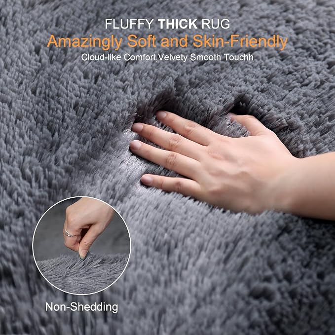 KICHOWUA Thick Area Rug 5x7 Grey Fluffy Shag - Image 2