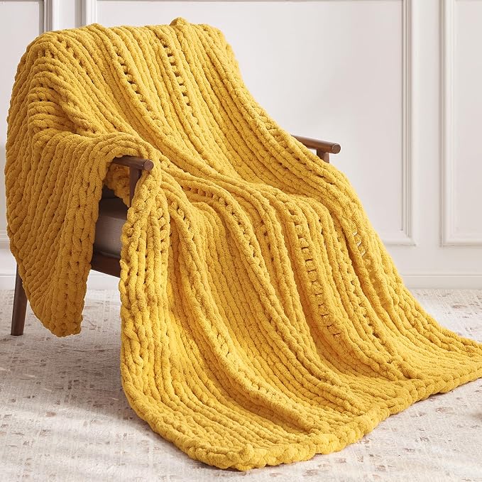 Negwoo Chunky Knit Throw Blanket, Handmade Yellow Crochet Big Thick Blanket - Image 2
