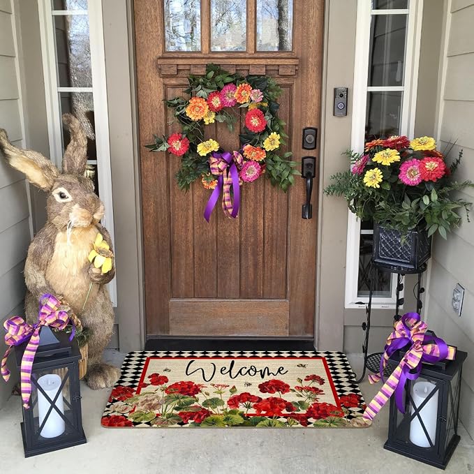 Spring Summer Door Mat, Geranium Bee Red Floral Buffalo Plaid Indoor Outdoor - Image 6