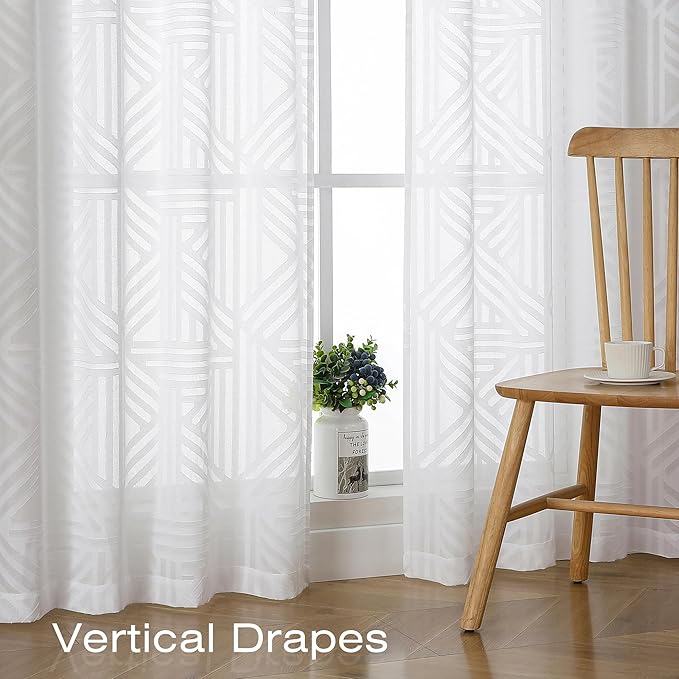 Simplebrand Semi Sheer White Curtains 36 Inch Length 2 Panels, Geometric - Image 6