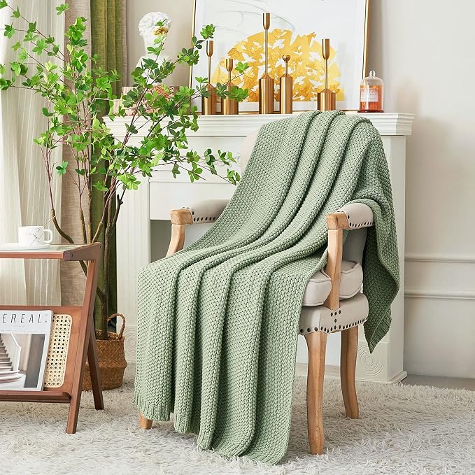 Chunky Cable Knit Throw Blanket Lightweight Light Green 100% Organic Cotton - Image 3
