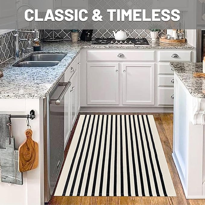 IOHOUZE Black Beige Striped Rug -3'x5' Front Door Rugs Outdoor, Washable Area - Image 3