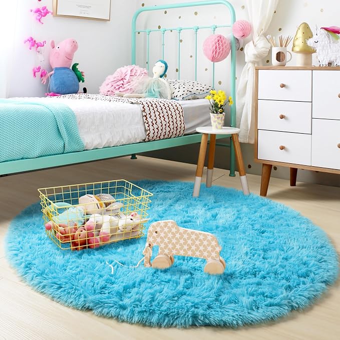Amdrebio Blue Round Rug 5Ft for Bedroom, Fluffy Circle Area Rugs for Kids Room - Image 3
