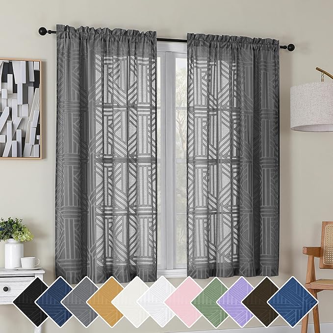 Simplebrand Grey Semi Sheer Curtains 54 Inch Length 2 Panels, Geometric by Simplebrand