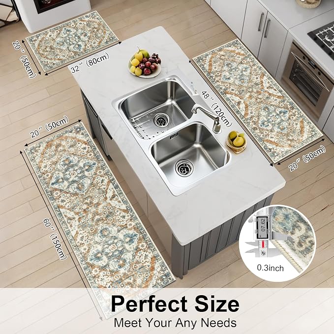 HEBE Farmhouse Kitchen Rug Sets of 3 Non Slip Washable Kitchen Rugs and Mats - Image 2
