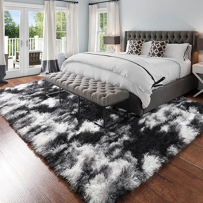 Amdrebio Black White Grey Rugs for Bedroom Living Room Decor, Fluffy Fuzzy - Image 4