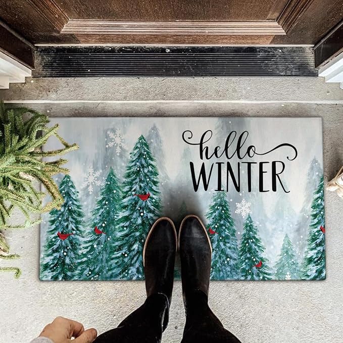 Hello Winter Door Mat Outdoor for Front Door, Pine Trees Snowy Forest Red - Image 5