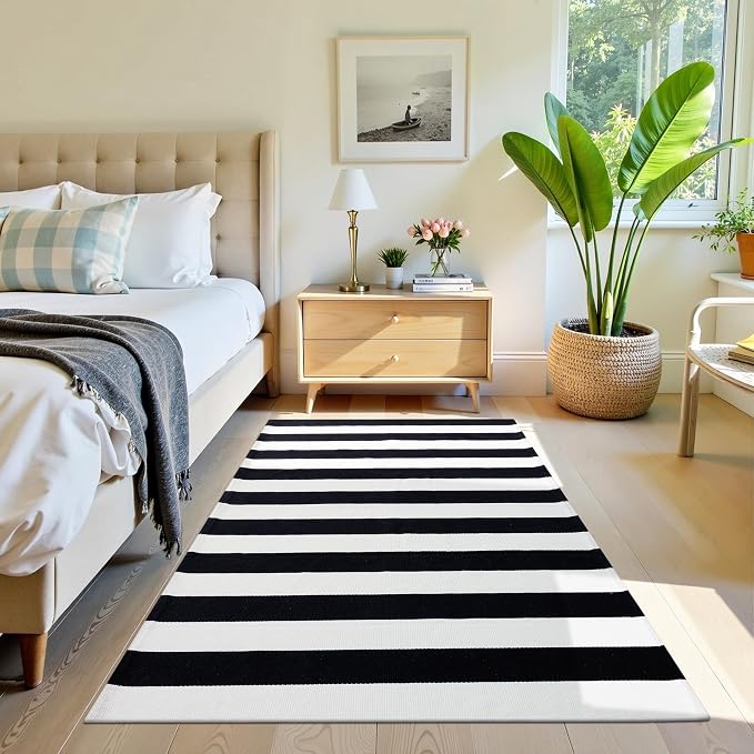 OLANLY Black and White Striped Rug 4' x 6' – Washable Cotton Indoor Outdoor - Image 8