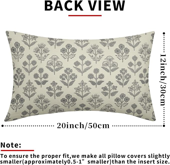 Grey Gray Floral Pillow Covers 12x20 Inch Set of 2, Block Print Lumbar Flower - Image 3