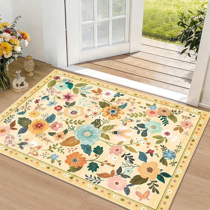 RELEANY Floral Nursery 2x3 Area Rugs Washable Print Boho Cute Carpet Non Slip by RELEANY