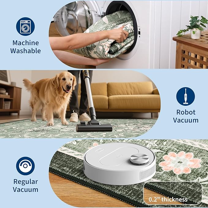 GarveeHome Provence Sage Green 3x5 Rug Washable Non-Slip Low-Pile Indoor Rugs - Image 5