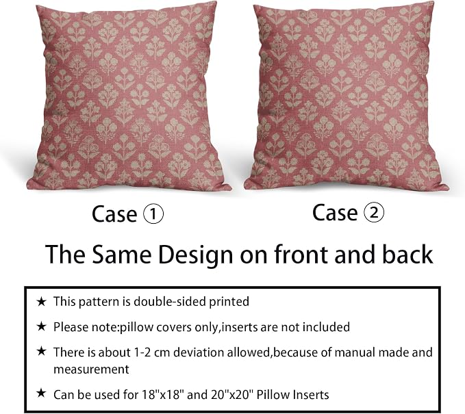 Pink Floral Block Print Pillow Covers 16x16 Inch Set of 2, Vintage Flower - Image 6