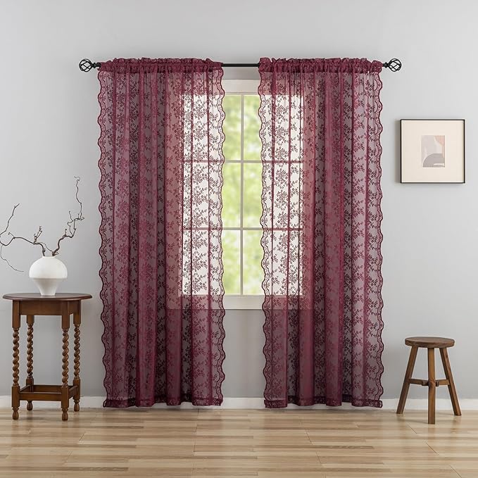 YJ YANJUN Vintage Lace Curtains 72 Inch Length -Dark Maroon Curtains - Image 3