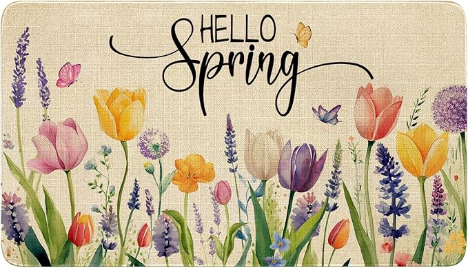 Spring Summer Door Mat, Hello Spring Tulip Lavender Flower Floral Indoor by Xsinufn