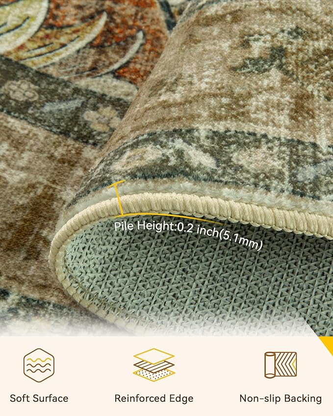 RELEANY Area Rugs 5ft Washable Non-Slip, Floral Vintage Distress Print Pattern - Image 3