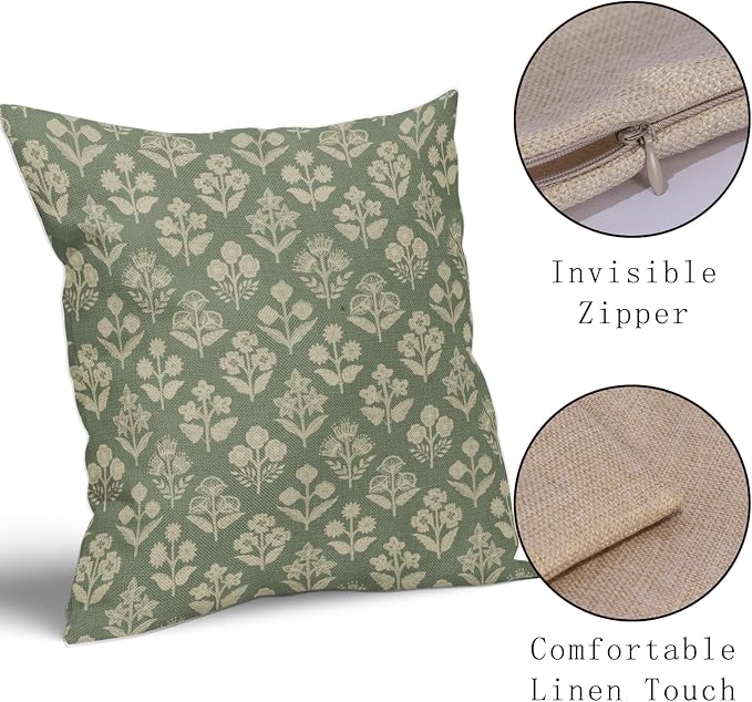 Sage Green Floral Block Print Pillow Covers 18x18 Inch Set of 2, Vintage Flower - Image 4