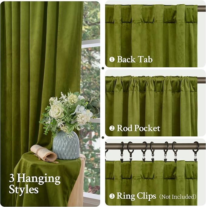 LAMIT Moss Green Velvet Curtains 108 Inch - Image 3