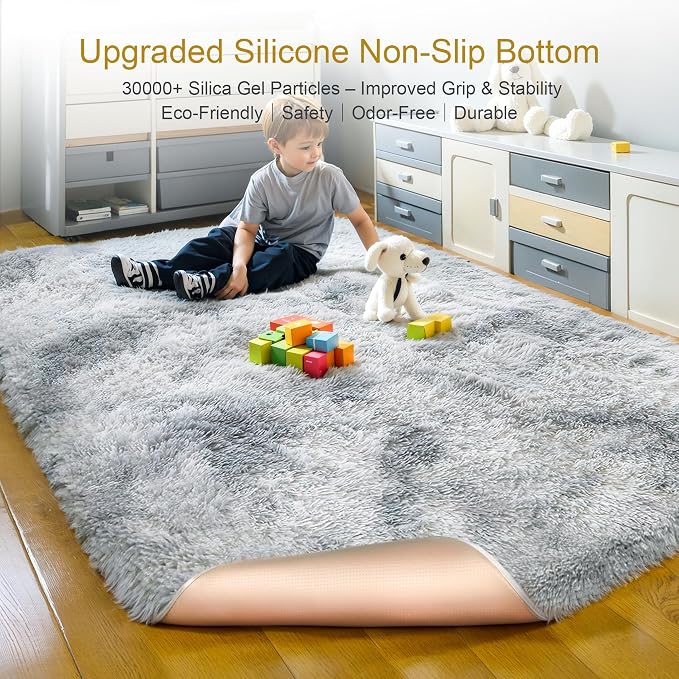 KICHOWUA Thick Area Rug Light Grey Fluffy 4x6 - Image 4