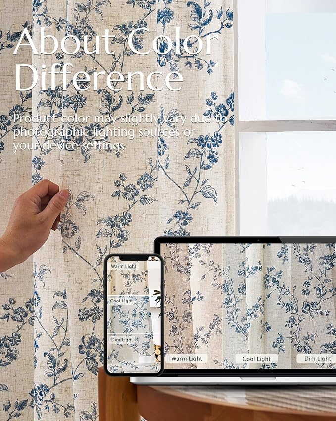 jinchan Linen Floral Curtains for Living Room 84 Inch Length Blue Printed - Image 7
