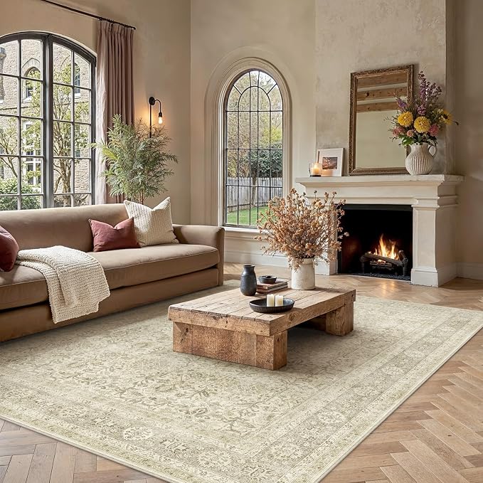 PureCozy Vintage Area Rug 6x9 Beige Washable Living Room Large Carpet Non Slip - Image 2