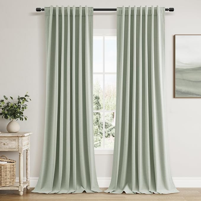 Guken Mist Sage 100% Blackout Linen Curtains 96 Inch Length 2 Panels Set by Guken