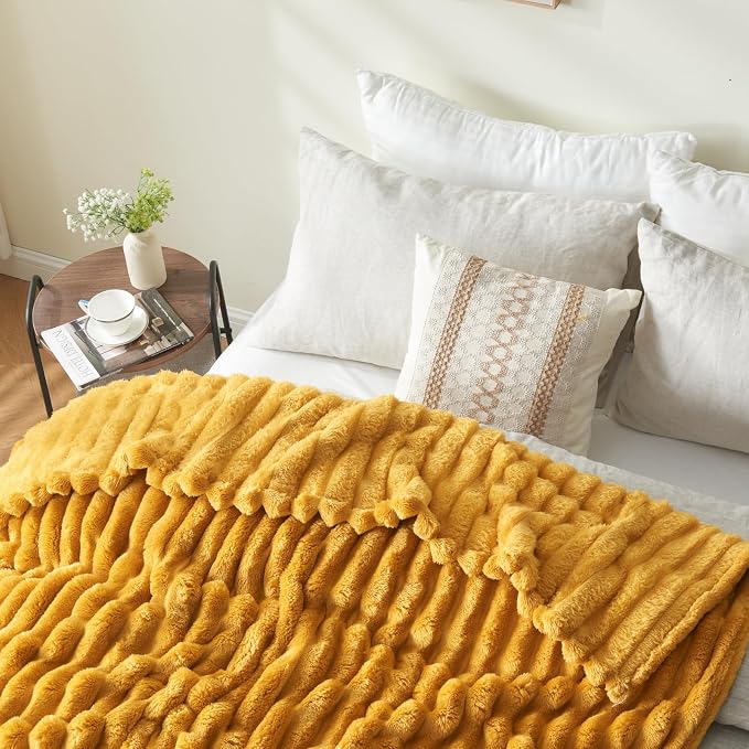 NEWCOSPLAY Super Soft King Blanket Mustard Yellow Premium Silky Flannel Fleece - Image 9