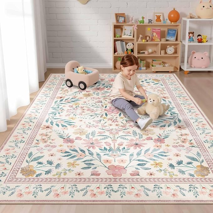 Rugxara Pink Rug for Living Room Bedroom, 5x7 Washable Floral Rug, Vintage Boho - Image 2