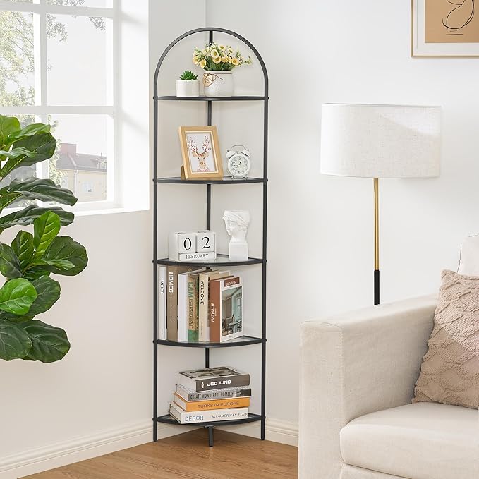 Homhedy 5-Tier Corner Shelf Stand, Metal Corner Bookshelf, Tempered Glass by Homhedy