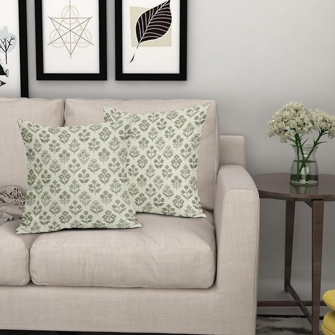 Sage Green Floral Pillow Covers 18x18 Inch Set of 2, Vintage Flower Block Print - Image 7