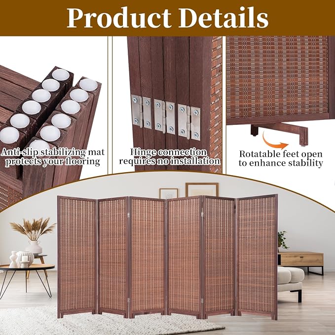 Bamboo Room Divider Panel with 360°Rotating Feet, 6 Panel 47" H Short Folding - Image 6